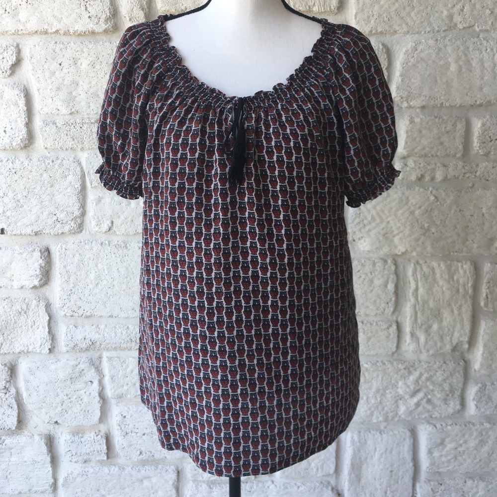 Joie Navy Blue & Orange Owl Print Blouse